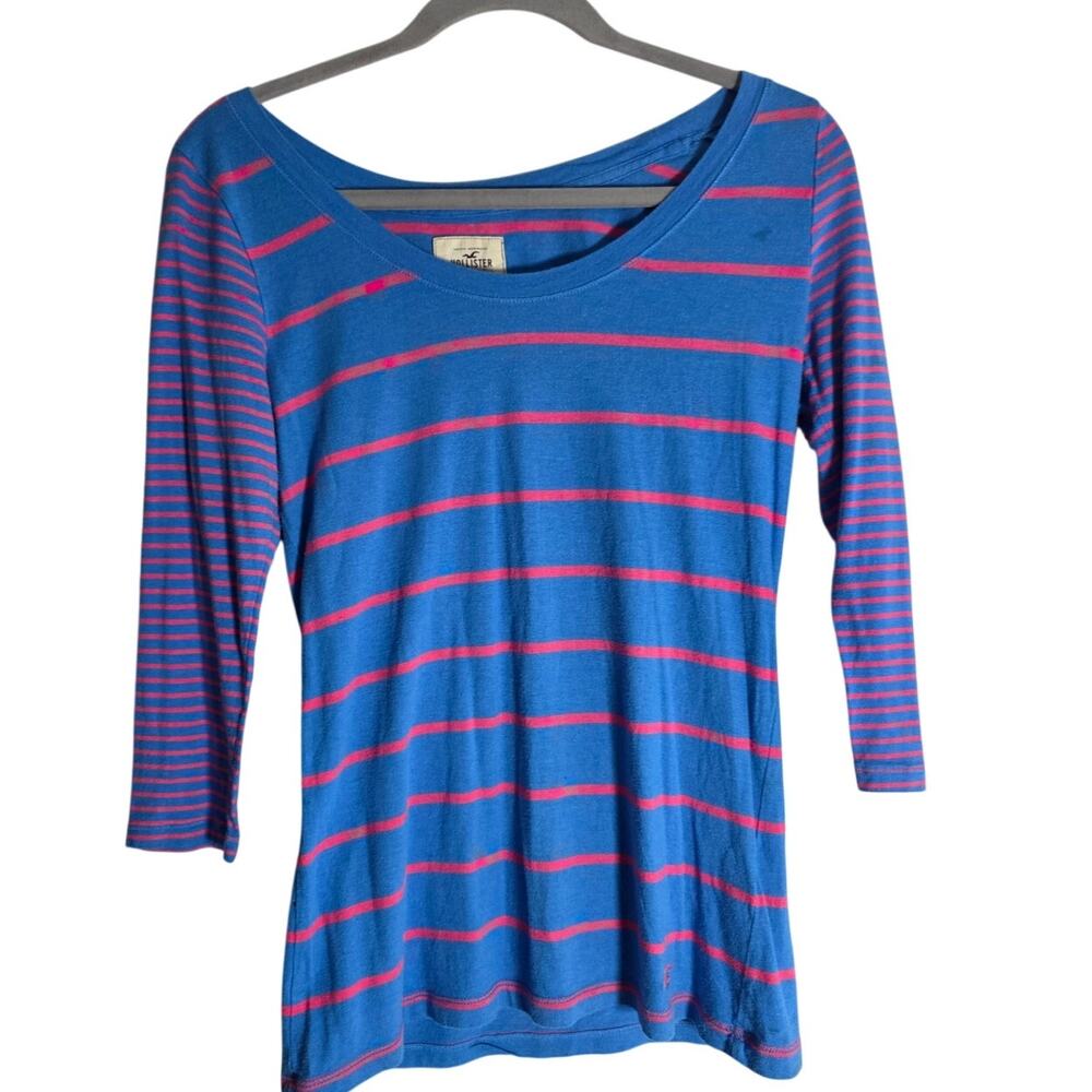 Hollister Womens Small Blue Pink Stripe Long Sleeve Tee Casual Preppy Top Y2K